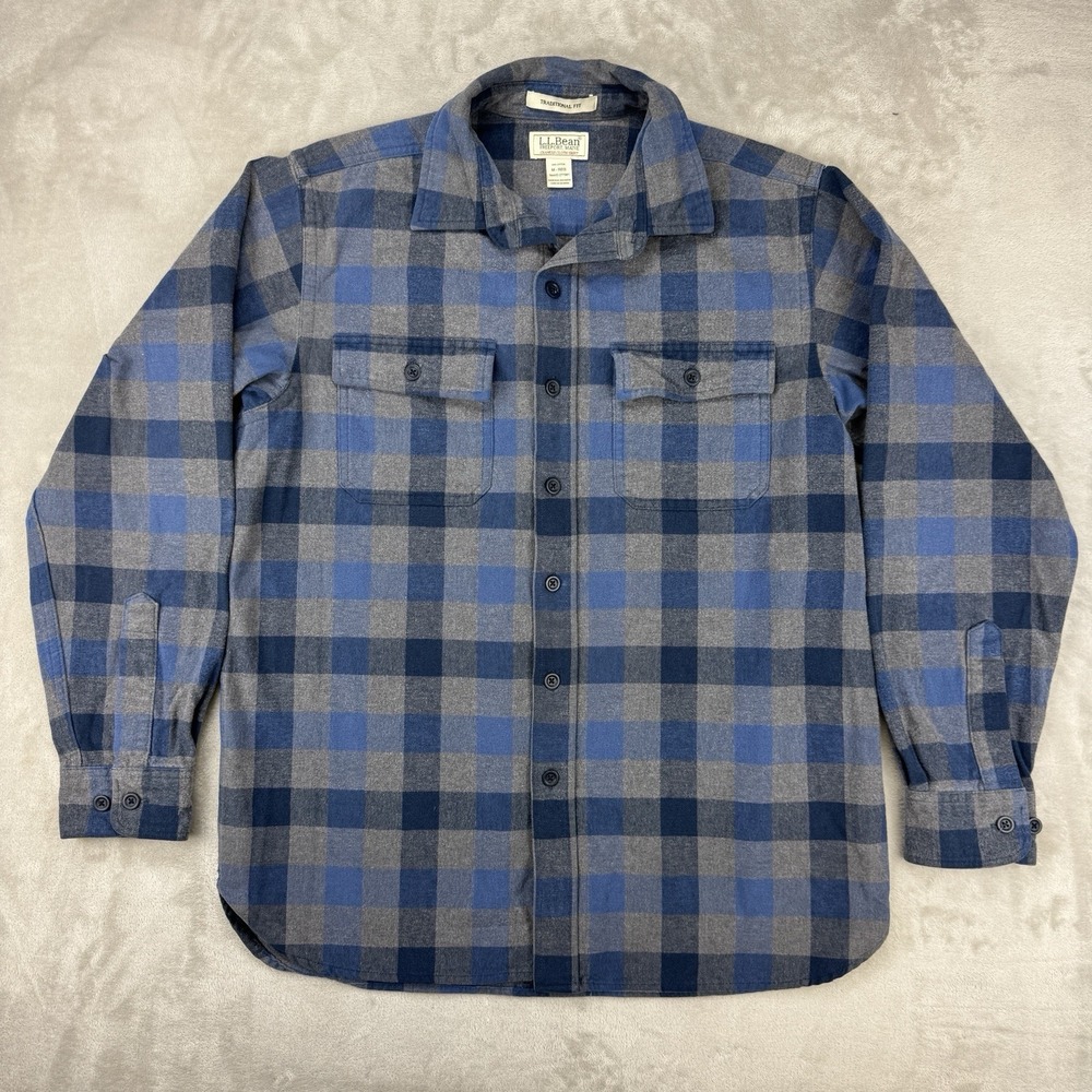 L.L. Bean Chamois Cloth Shirt Flannel‎ Mens Medium Blue Plaid Traditional Fit